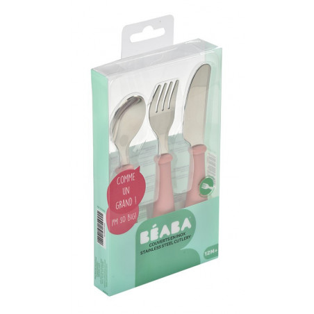 Set de 3 couverts en inox BEABA Vieux rose