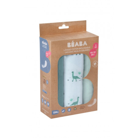 Boite de 3 langes en mousseline bio BEABA Jurassique Vert