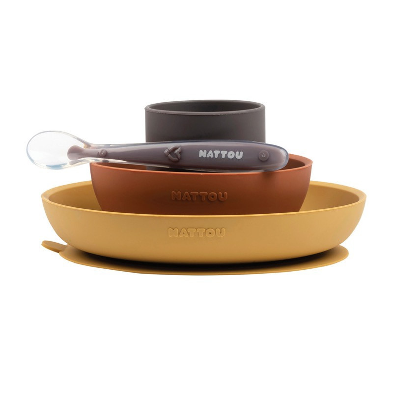 Set repas 4 pièces silicone NATTOU Ocre/brique/gris