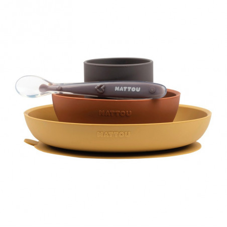 Set repas 4 pièces silicone NATTOU Ocre/brique/gris