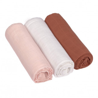 Lot de 3 langes en mousseline 85x85cm LASSIG Rose/blanc/rouille