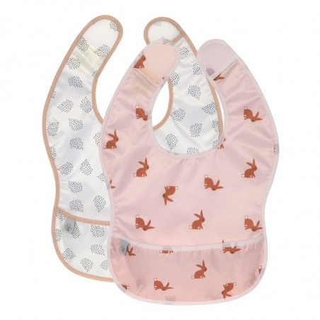 Lot de 2 bavoirs imperméables avec poche Little forest LASSIG Lapin rose