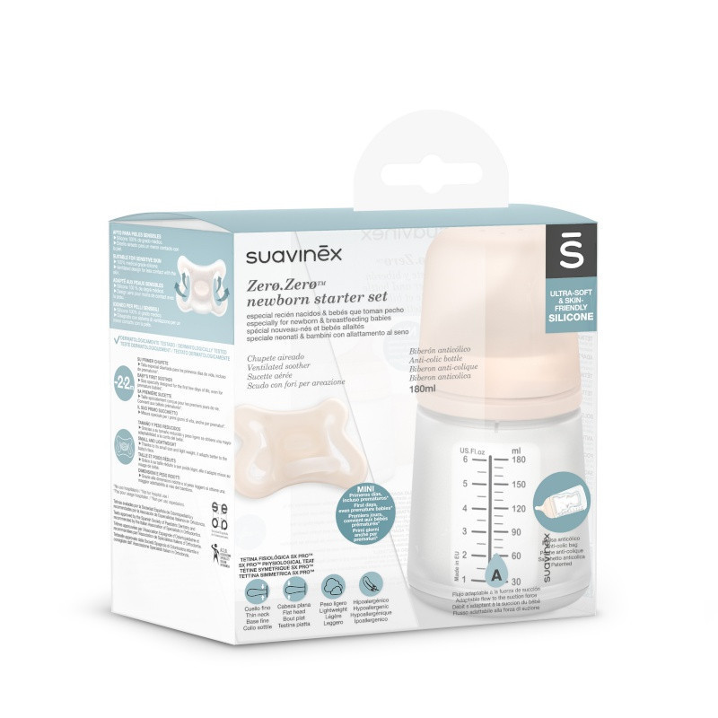 Coffret biberon Zéro.Zéro 180 ml + sucette SUAVINEX