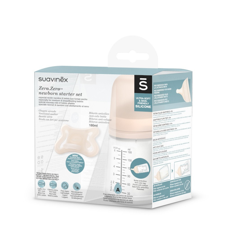 Coffret biberon Zéro.Zéro 180 ml + sucette SUAVINEX