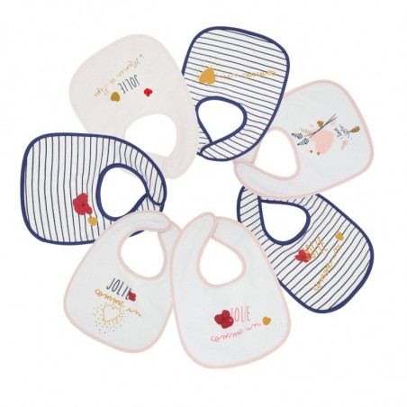 Lot de 7 bavoirs 1er âge "Joli cœur" TROIS KILOS Blanc, bleu, rose
