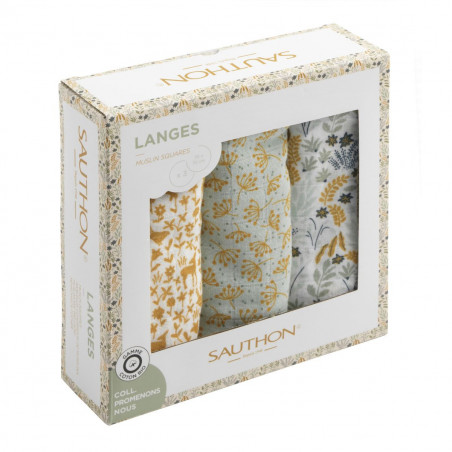 Lot de 3 langes en coton bio SAUTHON Promenons-nous