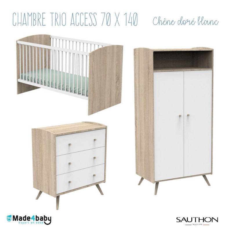 Chambre trio 70x140 SAUTHON Access Chêne doré/blanc