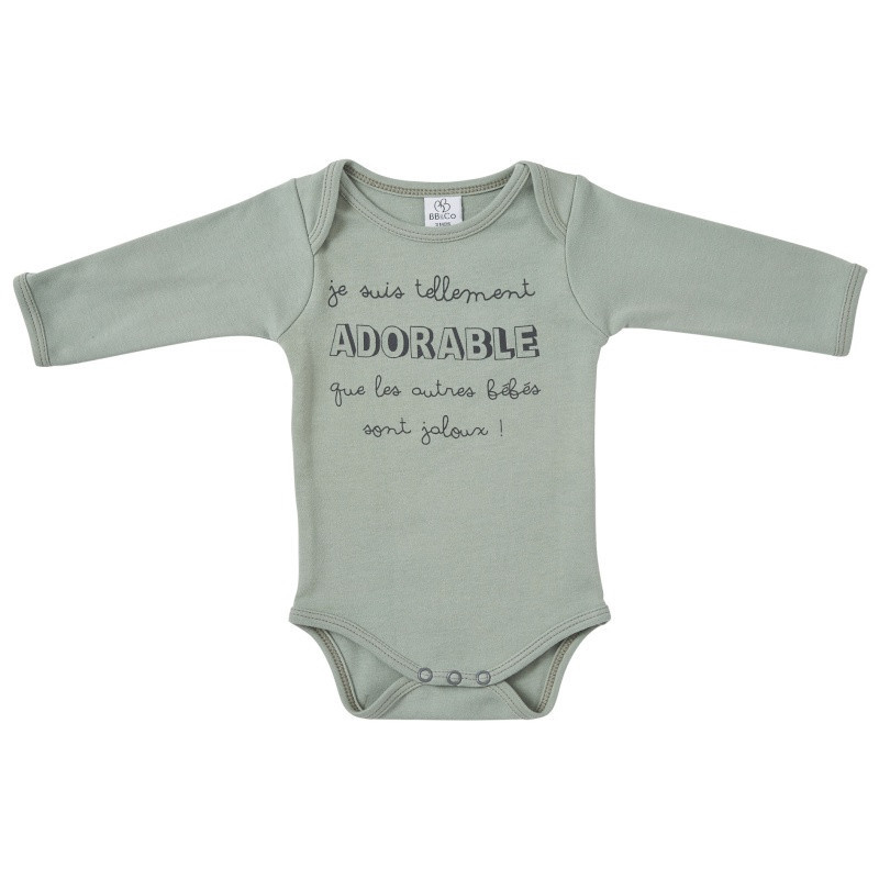 Body manches longues 12m BB&CO Vert de gris "Je suis tellement adorable"
