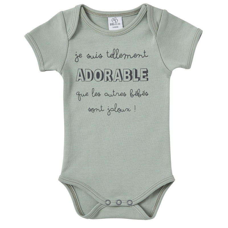 Body manches courtes 12m BB&CO Vert de gris "Je suis tellement adorable"