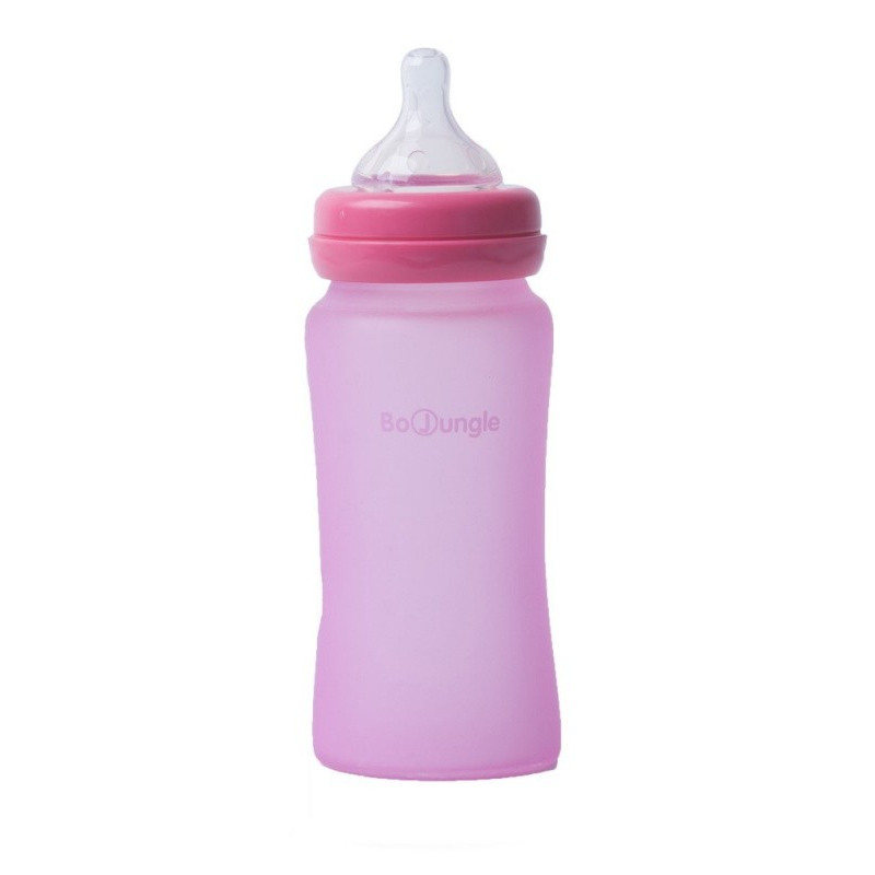 Biberon thermosensible en verre et silicone 240ml BO JUNGLE Rose