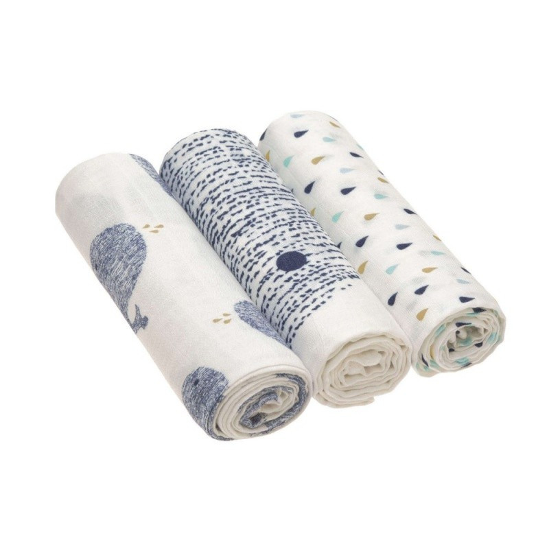 Lot de 3 langes divinement doux 80x80 LASSIG Baleine Little water