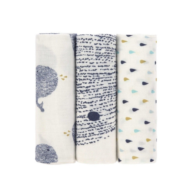 Lot de 3 langes divinement doux 80x80 LASSIG Baleine Little water